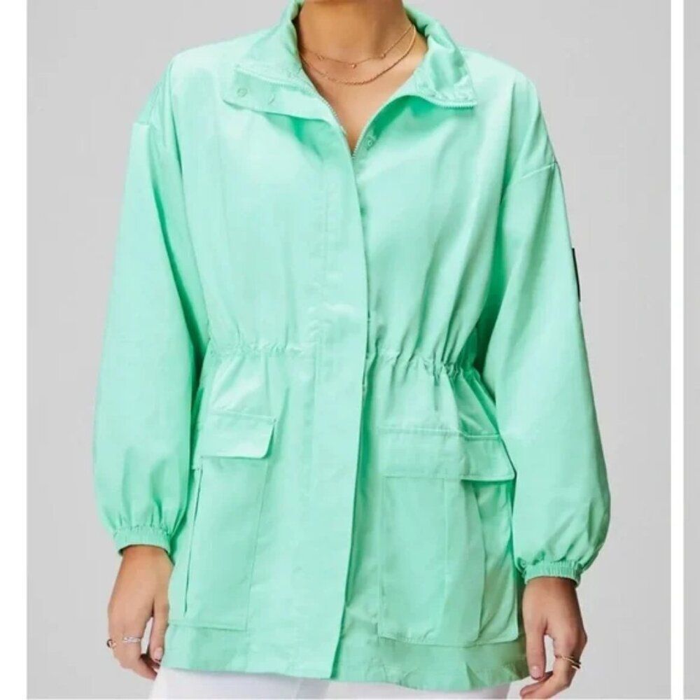 Fabletics Utility Parker/Rain Jacket in Mint Green Size Large